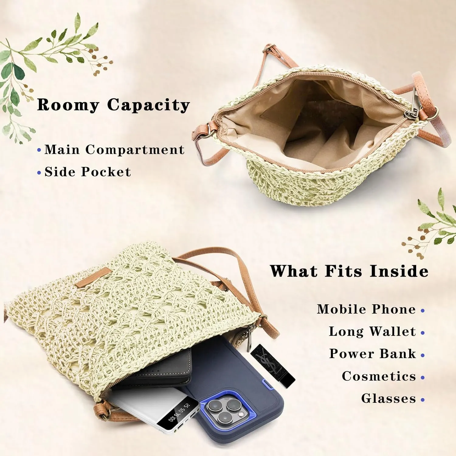 Straw Crossbody Bags for Women Small Summer Beach Bag Boho Handmade Weave Shoulder Handbag Purse for Vacation Travel