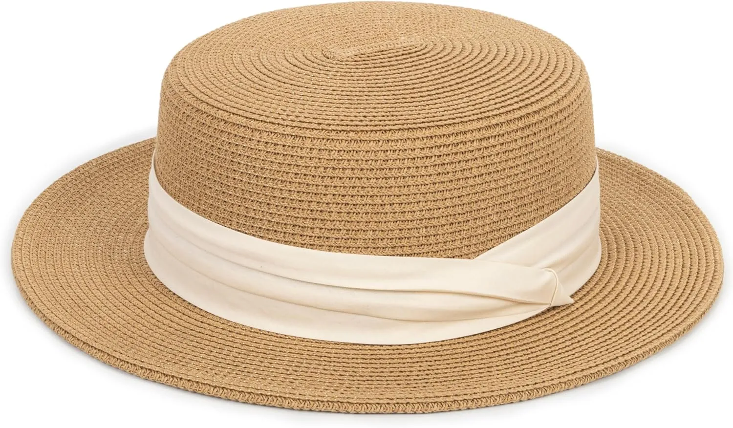 Straw Flat Top Sun-Boater-Hat for Men Women, Wide Brim Straw-Panama-Summer-Beach-Pork-Pie-Hats for Men Women(S/M)