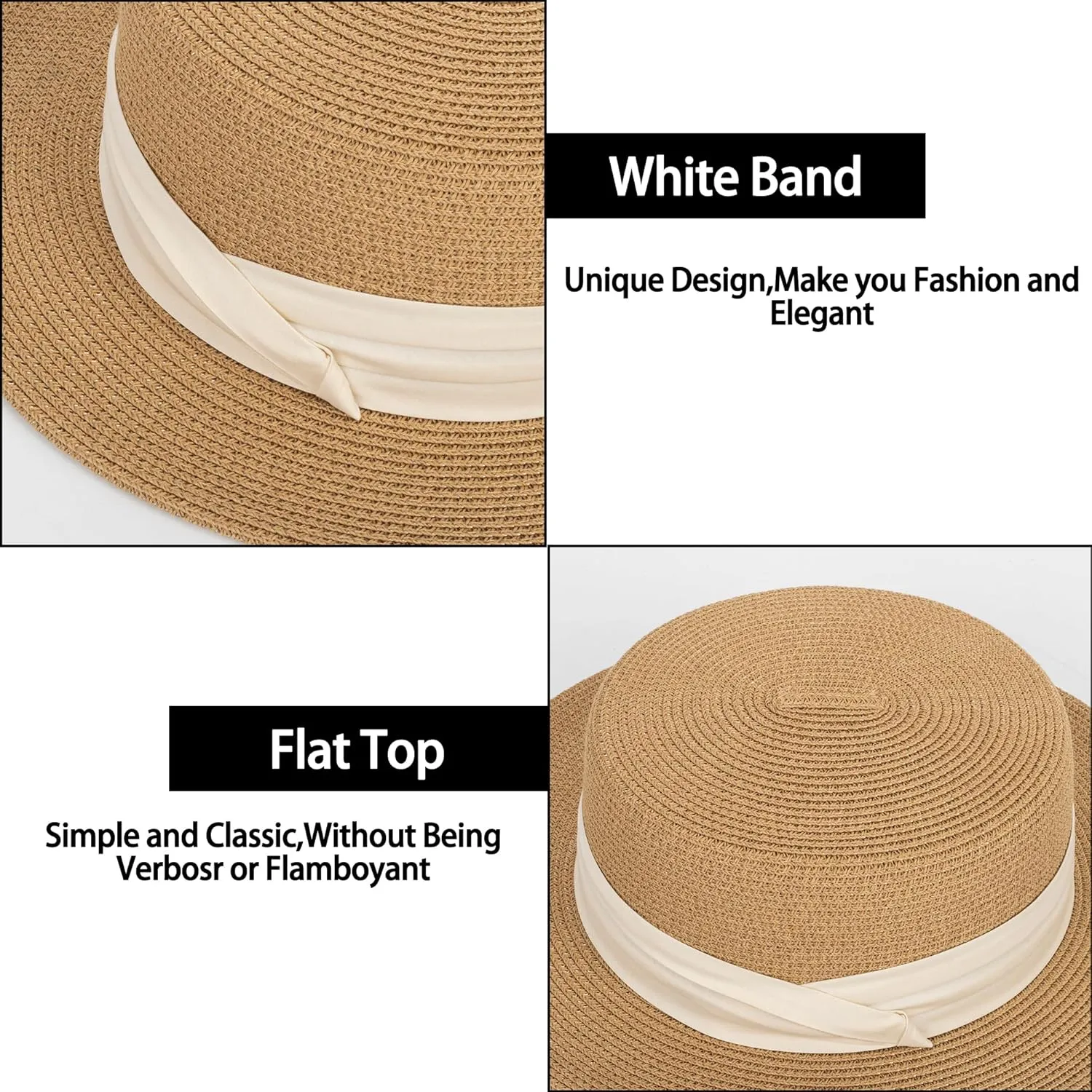 Straw Flat Top Sun-Boater-Hat for Men Women, Wide Brim Straw-Panama-Summer-Beach-Pork-Pie-Hats for Men Women(S/M)