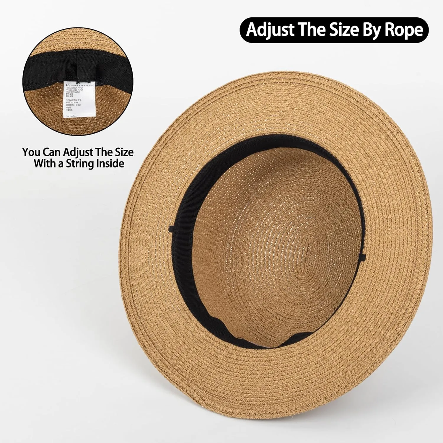 Straw Flat Top Sun-Boater-Hat for Men Women, Wide Brim Straw-Panama-Summer-Beach-Pork-Pie-Hats for Men Women(S/M)