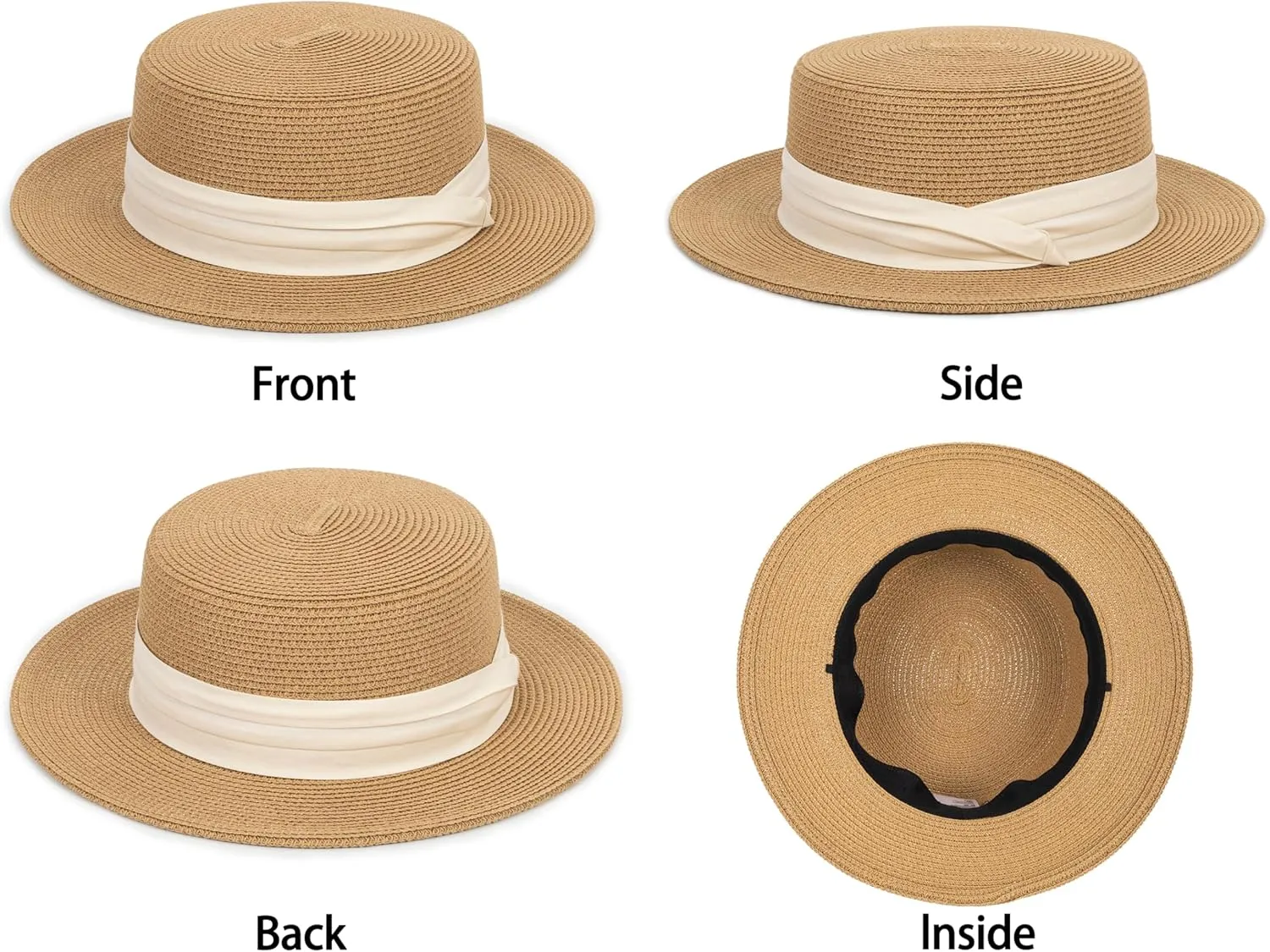 Straw Flat Top Sun-Boater-Hat for Men Women, Wide Brim Straw-Panama-Summer-Beach-Pork-Pie-Hats for Men Women(S/M)