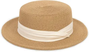 Straw Flat Top Sun-Boater-Hat for Men Women, Wide Brim Straw-Panama-Summer-Beach-Pork-Pie-Hats for Men Women(S/M)
