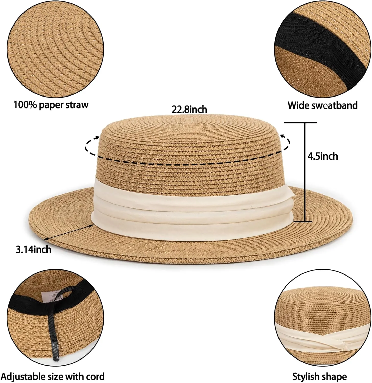 Straw Flat Top Sun-Boater-Hat for Men Women, Wide Brim Straw-Panama-Summer-Beach-Pork-Pie-Hats for Men Women(S/M)