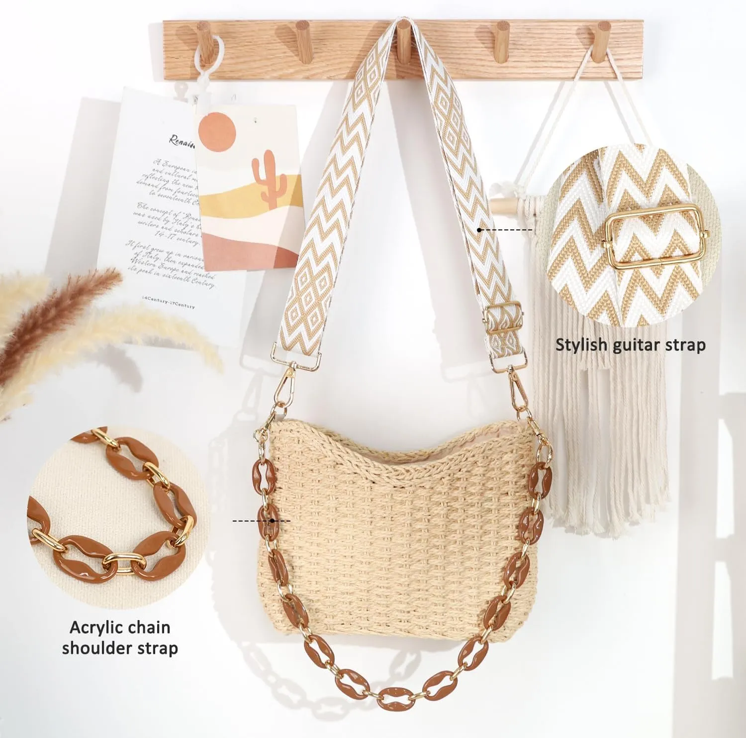 Straw Handbags Purses Crossbody Pocketbook Bag Casual Woven Beach Bags Summer Hobo Hippie Chic Tote Bags with Chain