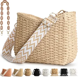 Straw Handbags Purses Crossbody Pocketbook Bag Casual Woven Beach Bags Summer Hobo Hippie Chic Tote Bags with Chain