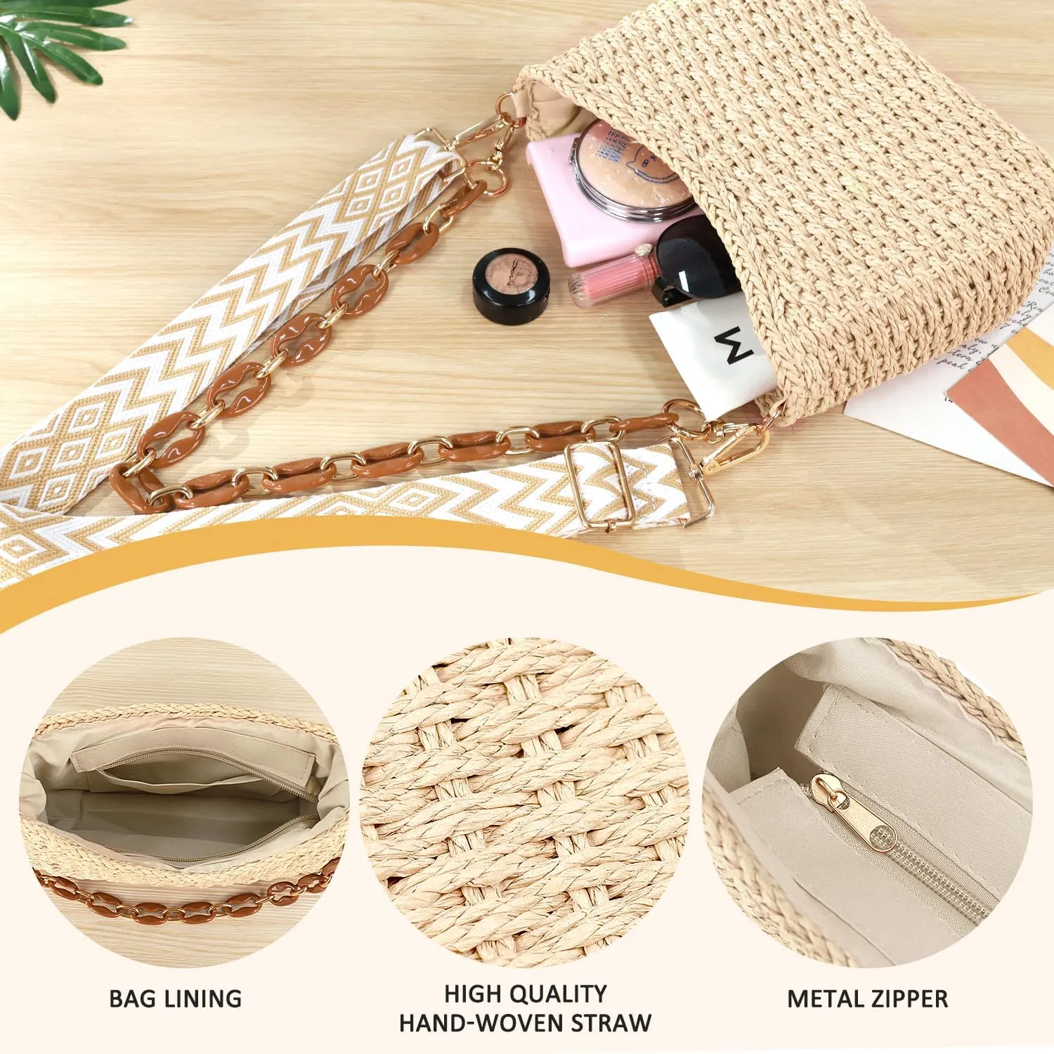 Straw Handbags Purses Crossbody Pocketbook Bag Casual Woven Beach Bags Summer Hobo Hippie Chic Tote Bags with Chain