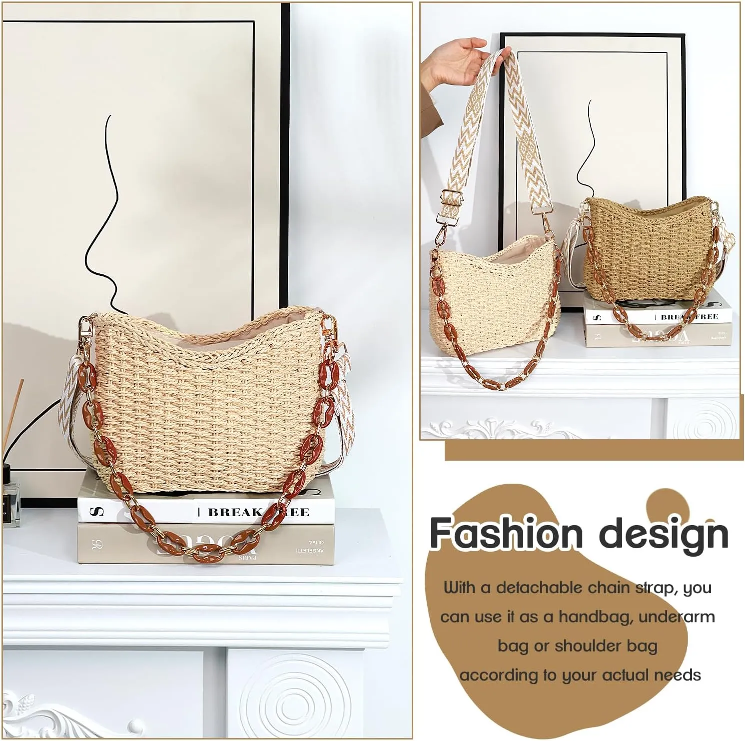 Straw Handbags Purses Crossbody Pocketbook Bag Casual Woven Beach Bags Summer Hobo Hippie Chic Tote Bags with Chain