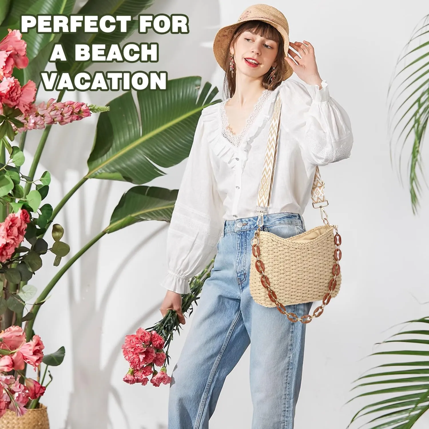 Straw Handbags Purses Crossbody Pocketbook Bag Casual Woven Beach Bags Summer Hobo Hippie Chic Tote Bags with Chain