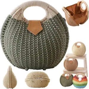 Straw Handbag,Women Hand Woven Tote,Beach Rattan Tote Bag,Retro Shell Bag