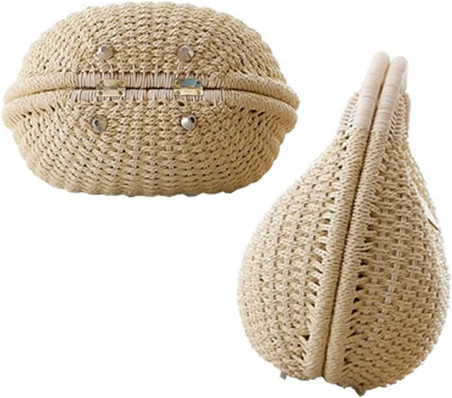 Straw Handbag,Women Hand Woven Tote,Beach Rattan Tote Bag,Retro Shell Bag