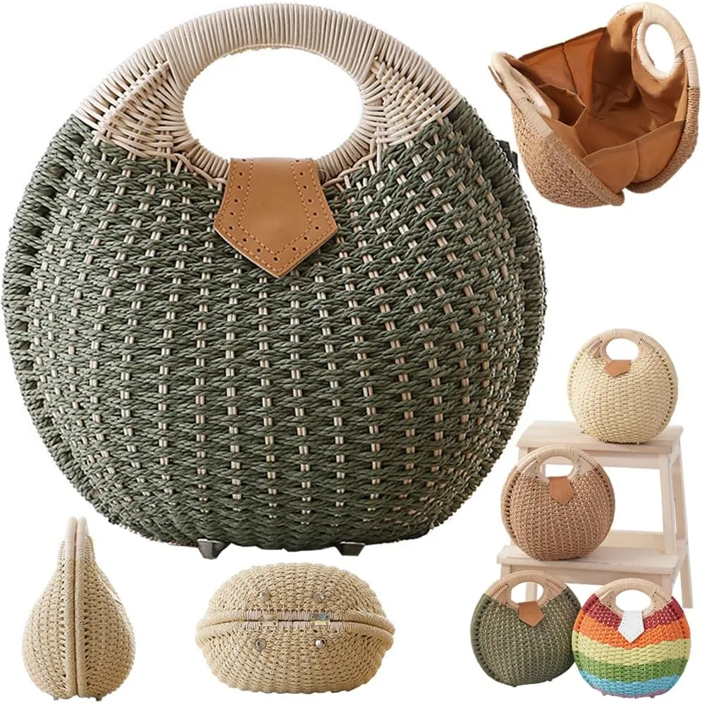 Straw Handbag,Women Hand Woven Tote,Beach Rattan Tote Bag,Retro Shell Bag