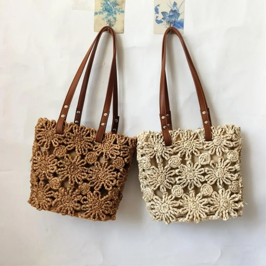 Straw Purse New Hand-woven Straw Bag Hollow Bucket Bag Corn Husk Braid Sewn Handbag In Stock Straw Purses