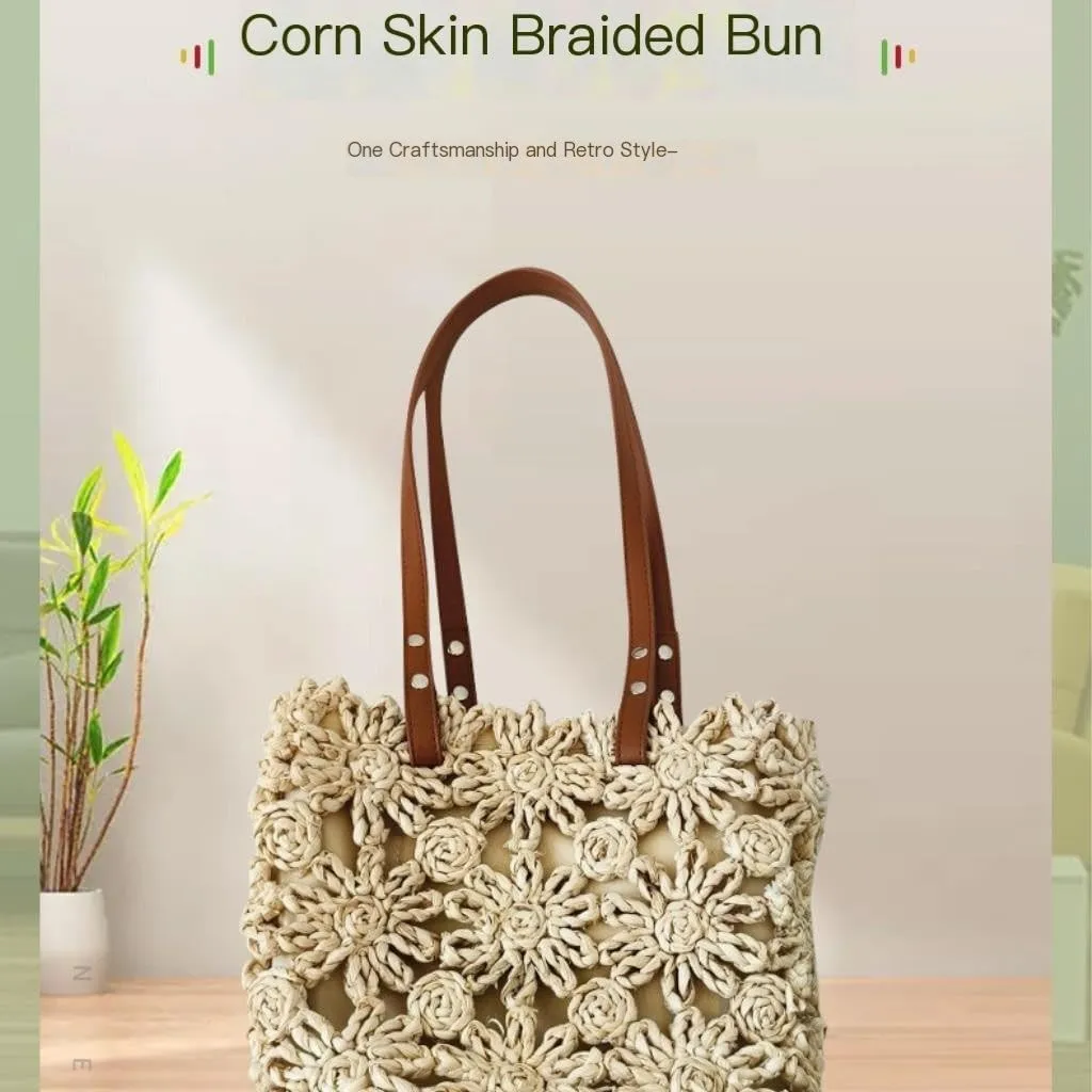 Straw Purse New Hand-woven Straw Bag Hollow Bucket Bag Corn Husk Braid Sewn Handbag In Stock Straw Purses