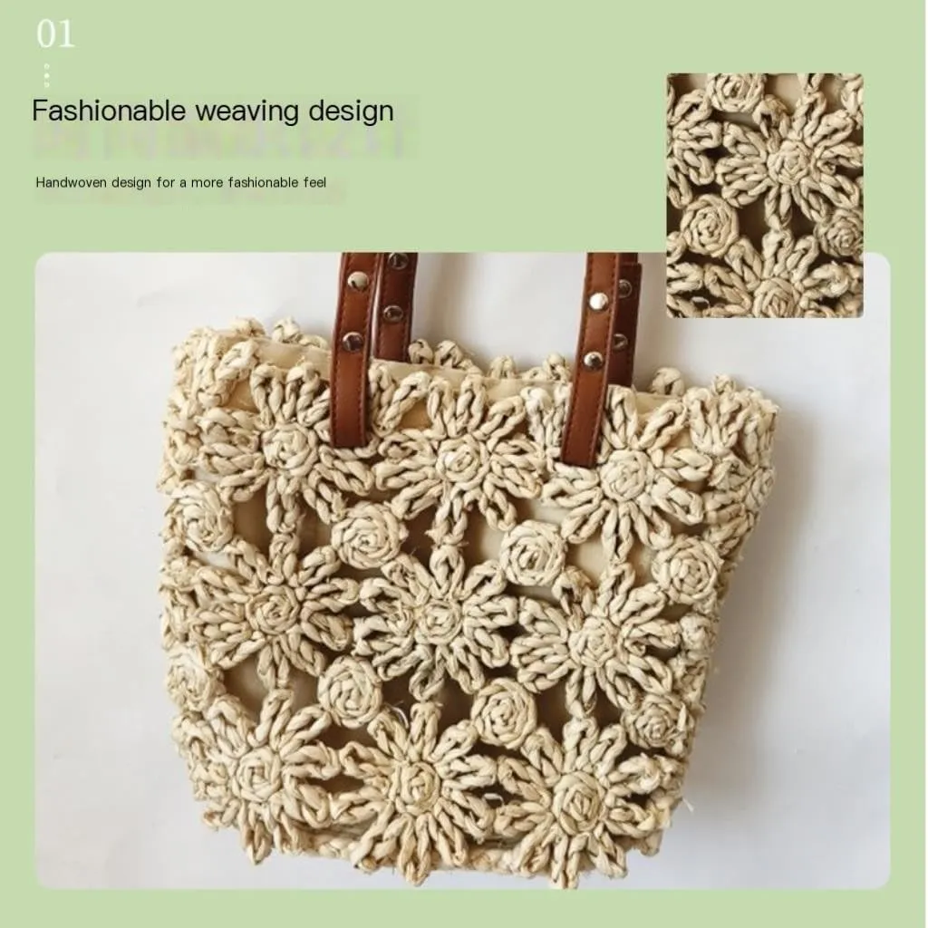 Straw Purse New Hand-woven Straw Bag Hollow Bucket Bag Corn Husk Braid Sewn Handbag In Stock Straw Purses