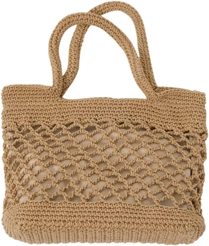 Straw Shoulder Beach Bag Cotton Thread Hand-crocheted Bag Handmade Shoulder Bag Large Capacity Messenger Bag for Women (Brown)