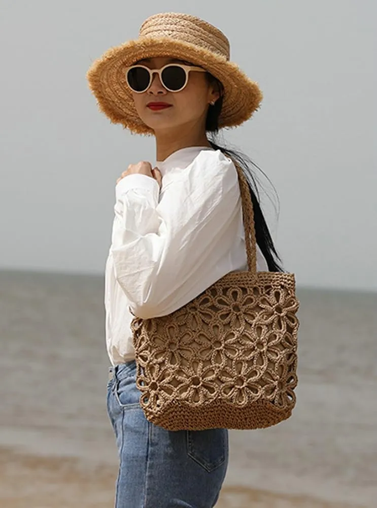 Straw Woven Handbags for Women Hollow Shoulder Bag Large Flower Tote Purse Designer Top Handle Bag Beach Summer