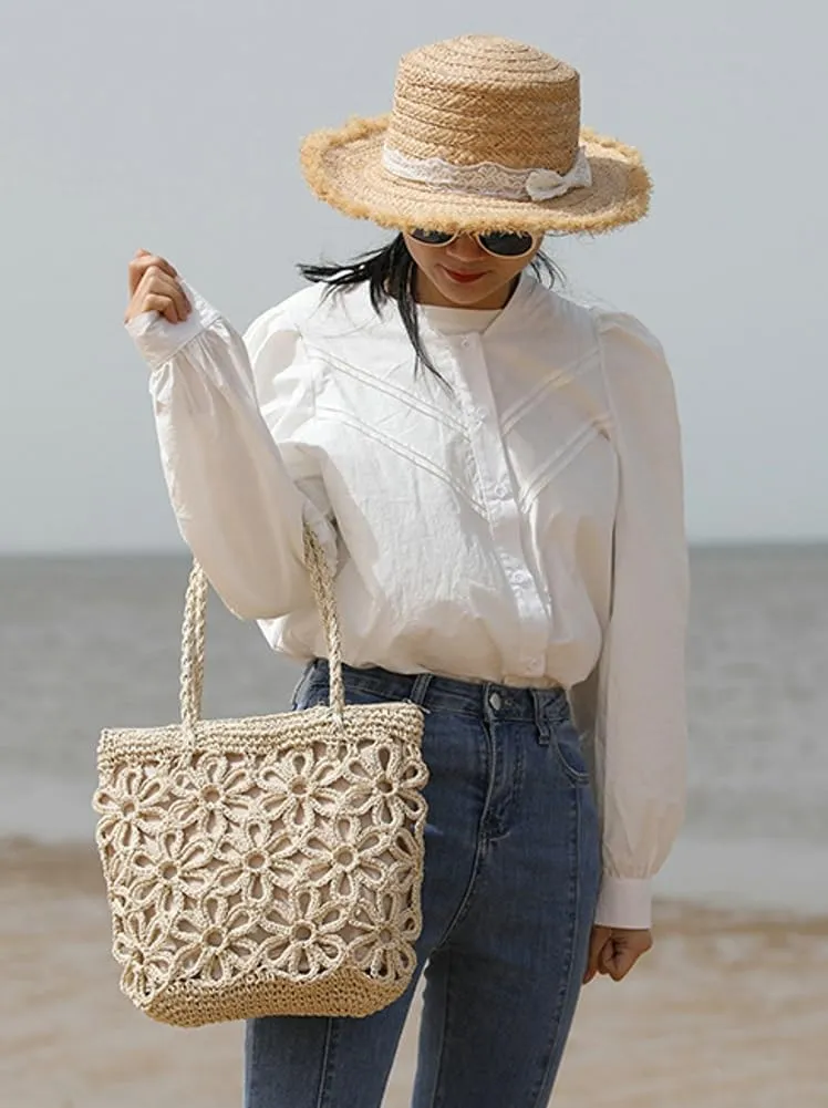 Straw Woven Handbags for Women Hollow Shoulder Bag Large Flower Tote Purse Designer Top Handle Bag Beach Summer