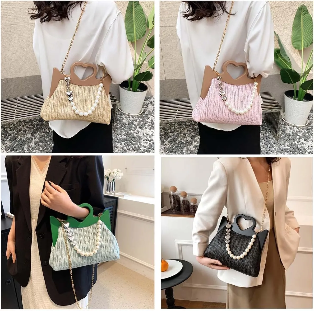 Straw Woven Tote Bag for Women Fashion Love Heart Straw Pearl Handbag Beach Basket Purse for Summer Vacation Travel