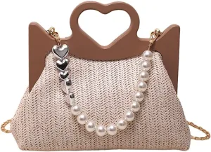 Straw Woven Tote Bag for Women Fashion Love Heart Straw Pearl Handbag Beach Basket Purse for Summer Vacation Travel