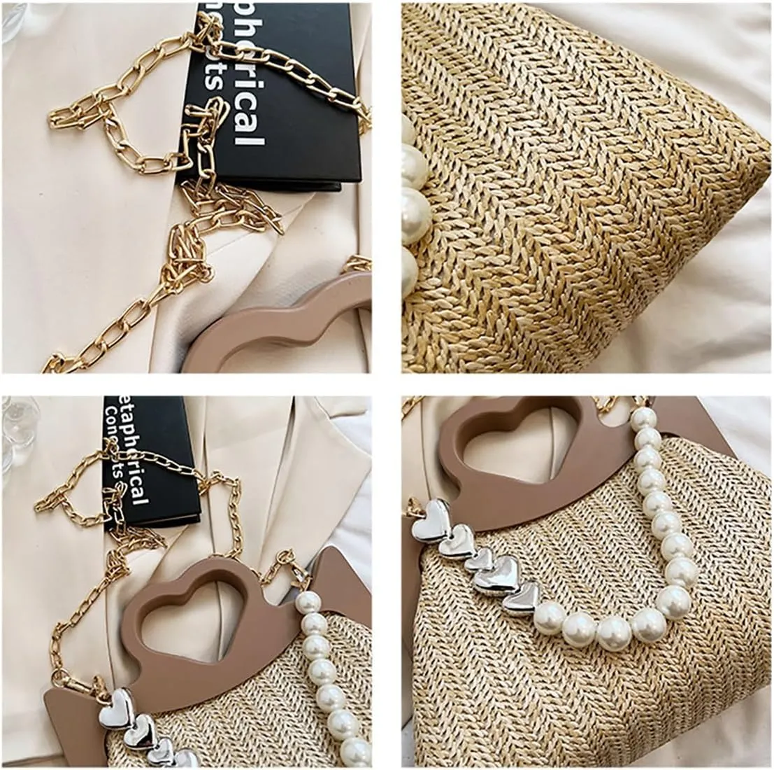 Straw Woven Tote Bag for Women Fashion Love Heart Straw Pearl Handbag Beach Basket Purse for Summer Vacation Travel