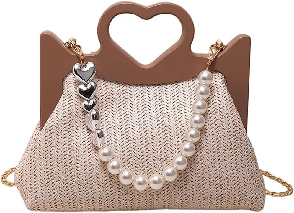 Straw Woven Tote Bag for Women Fashion Love Heart Straw Pearl Handbag Beach Basket Purse for Summer Vacation Travel