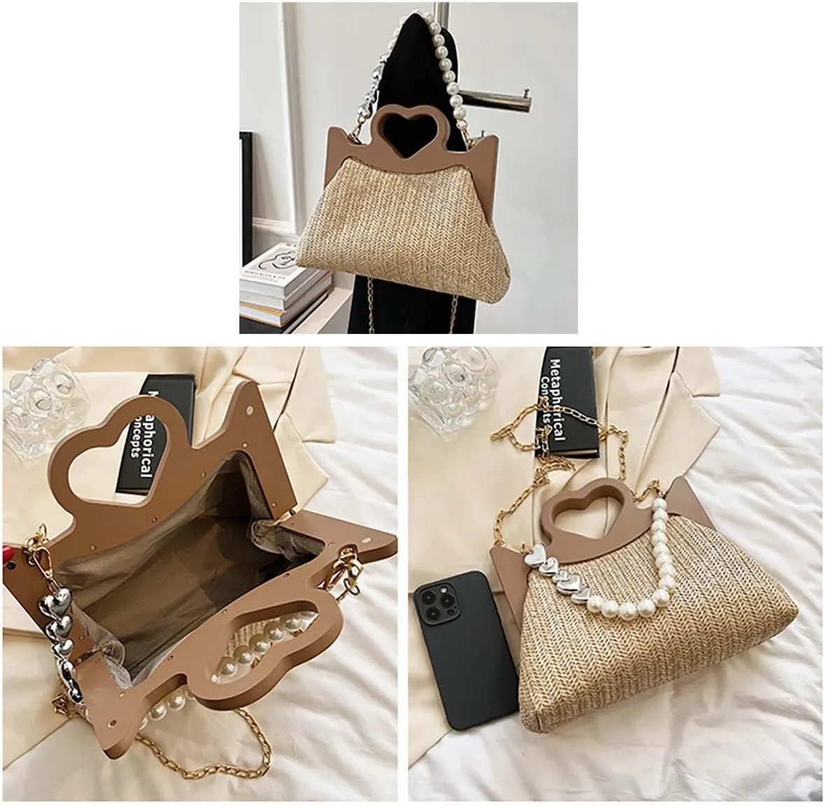 Straw Woven Tote Bag for Women Fashion Love Heart Straw Pearl Handbag Beach Basket Purse for Summer Vacation Travel