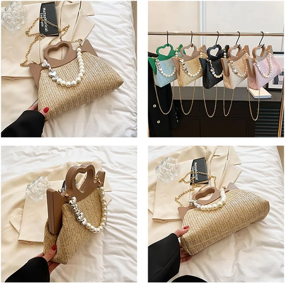 Straw Woven Tote Bag for Women Fashion Love Heart Straw Pearl Handbag Beach Basket Purse for Summer Vacation Travel