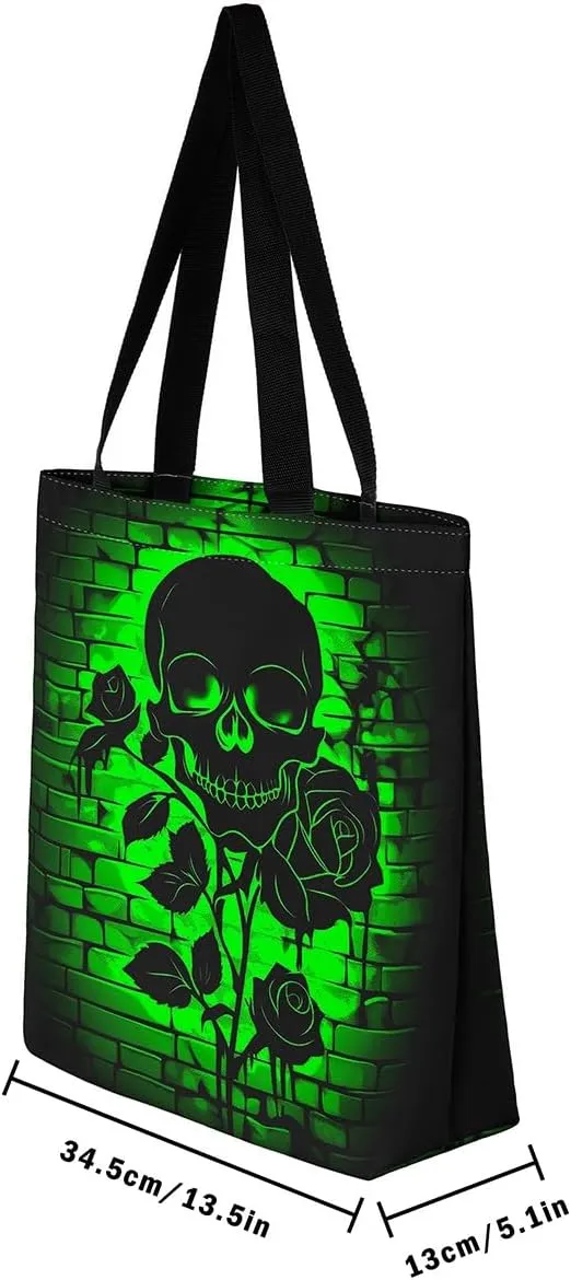 Sugar Skull Canvas Tote Bag,Trippy Halloween Travel Bag Large Capacity,Gothic Exotic Shopping Grocery Bags