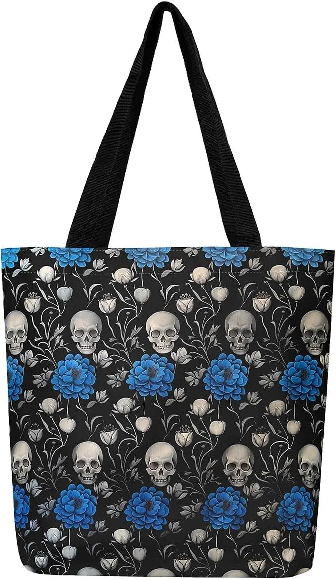 Sugar Skull Canvas Tote Bag,Trippy Halloween Travel Bag Large Capacity,Gothic Exotic Shopping Grocery Bags