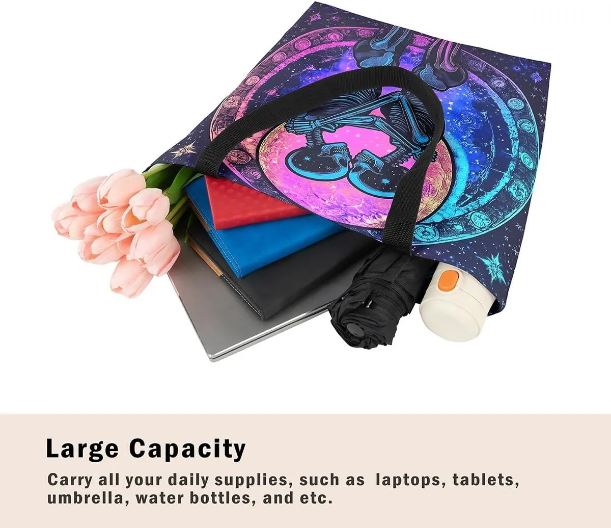 Sugar Skull Canvas Tote Bag,Trippy Halloween Travel Bag Large Capacity,Gothic Exotic Shopping Grocery Bags
