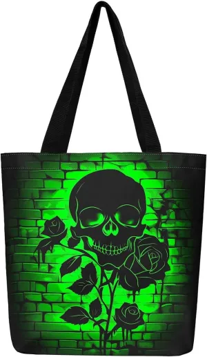 Sugar Skull Canvas Tote Bag,Trippy Halloween Travel Bag Large Capacity,Gothic Exotic Shopping Grocery Bags