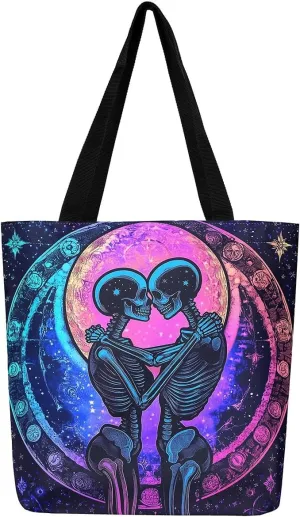 Sugar Skull Canvas Tote Bag,Trippy Halloween Travel Bag Large Capacity,Gothic Exotic Shopping Grocery Bags