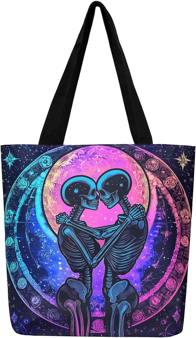 Sugar Skull Canvas Tote Bag,Trippy Halloween Travel Bag Large Capacity,Gothic Exotic Shopping Grocery Bags