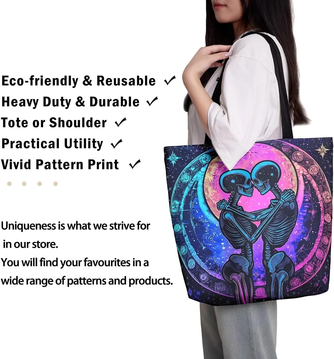 Sugar Skull Canvas Tote Bag,Trippy Halloween Travel Bag Large Capacity,Gothic Exotic Shopping Grocery Bags