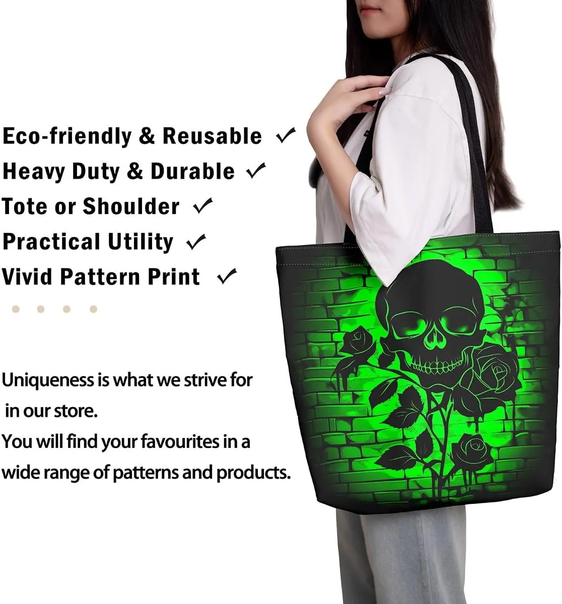 Sugar Skull Canvas Tote Bag,Trippy Halloween Travel Bag Large Capacity,Gothic Exotic Shopping Grocery Bags