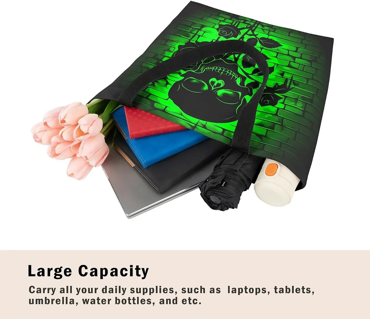 Sugar Skull Canvas Tote Bag,Trippy Halloween Travel Bag Large Capacity,Gothic Exotic Shopping Grocery Bags