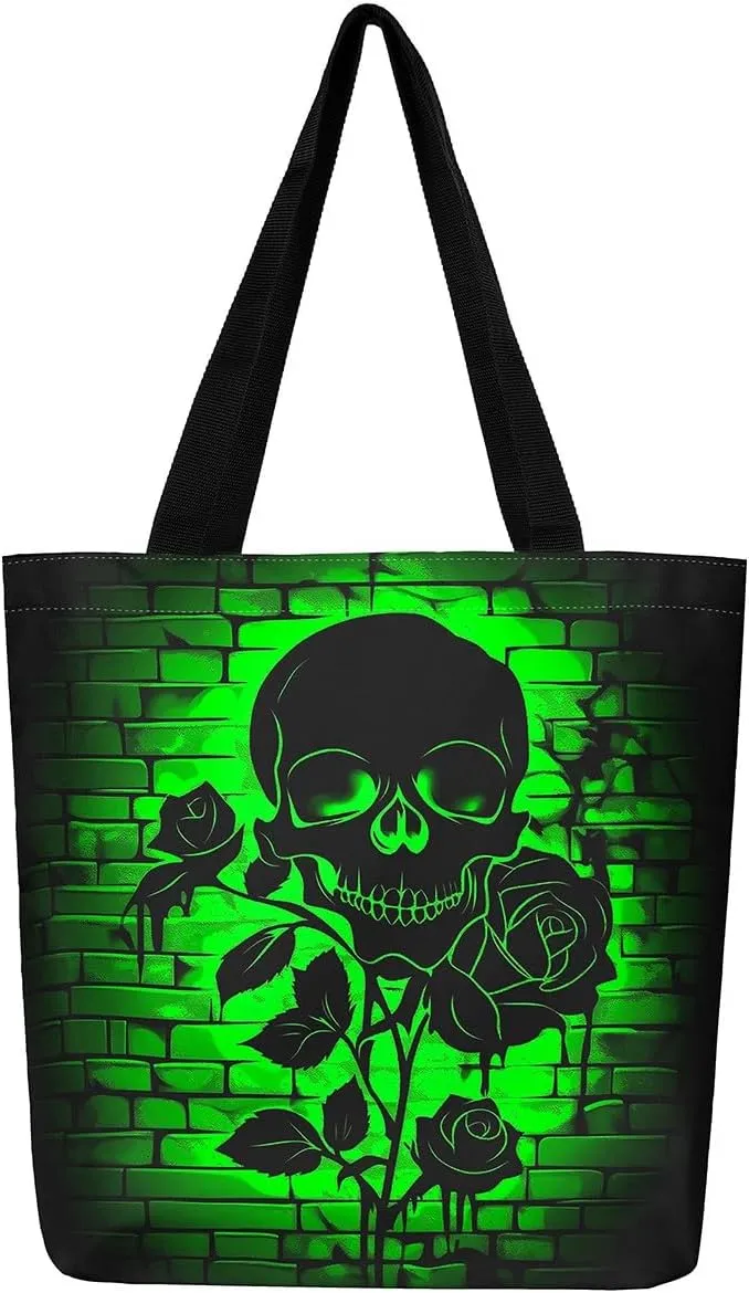 Sugar Skull Canvas Tote Bag,Trippy Halloween Travel Bag Large Capacity,Gothic Exotic Shopping Grocery Bags