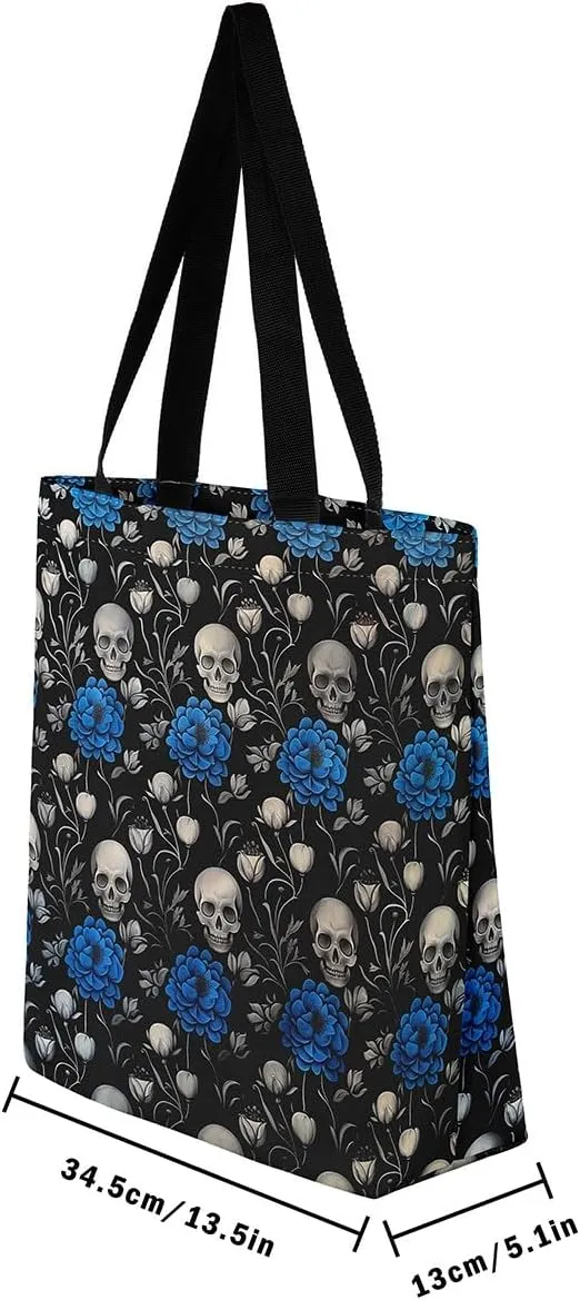 Sugar Skull Canvas Tote Bag,Trippy Halloween Travel Bag Large Capacity,Gothic Exotic Shopping Grocery Bags