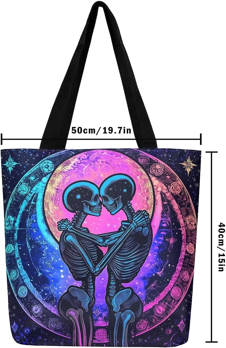 Sugar Skull Canvas Tote Bag,Trippy Halloween Travel Bag Large Capacity,Gothic Exotic Shopping Grocery Bags