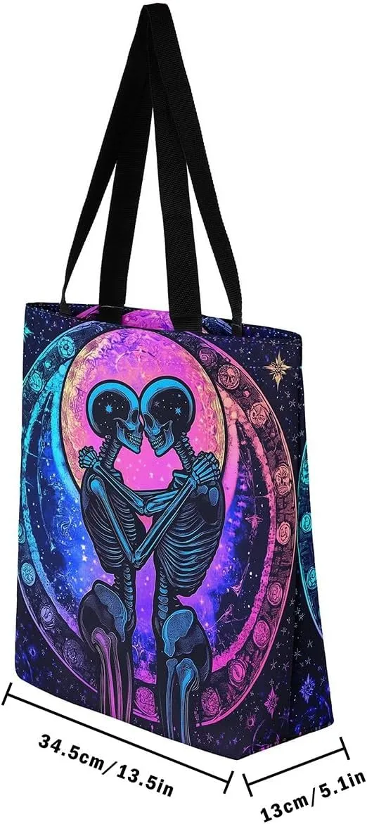 Sugar Skull Canvas Tote Bag,Trippy Halloween Travel Bag Large Capacity,Gothic Exotic Shopping Grocery Bags