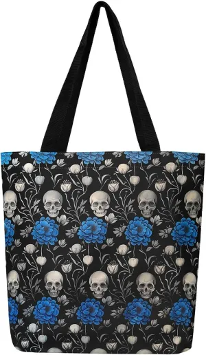 Sugar Skull Canvas Tote Bag,Trippy Halloween Travel Bag Large Capacity,Gothic Exotic Shopping Grocery Bags