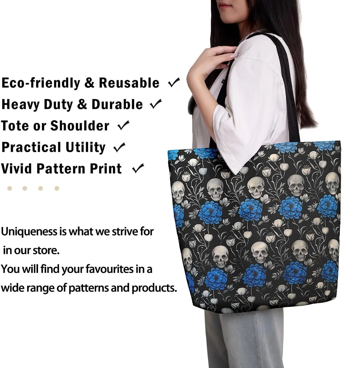 Sugar Skull Canvas Tote Bag,Trippy Halloween Travel Bag Large Capacity,Gothic Exotic Shopping Grocery Bags