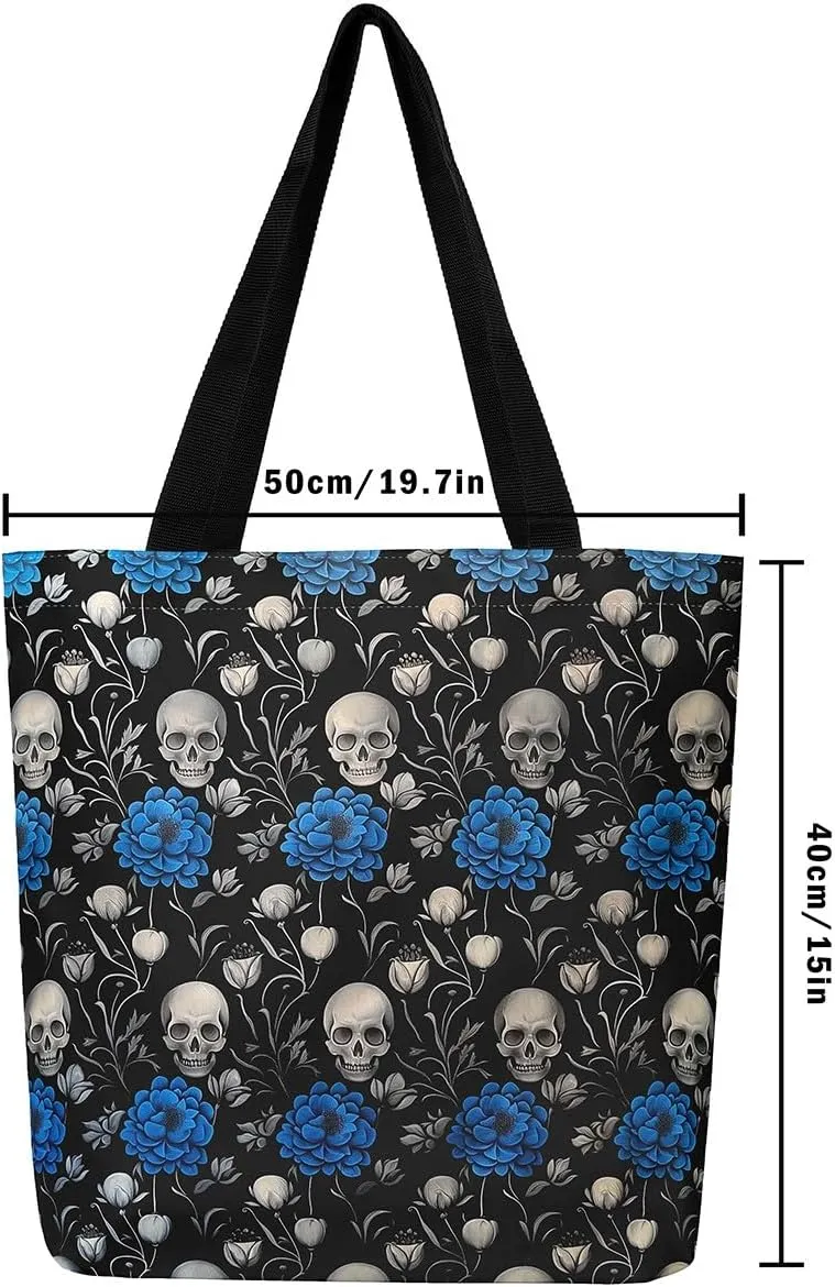 Sugar Skull Canvas Tote Bag,Trippy Halloween Travel Bag Large Capacity,Gothic Exotic Shopping Grocery Bags