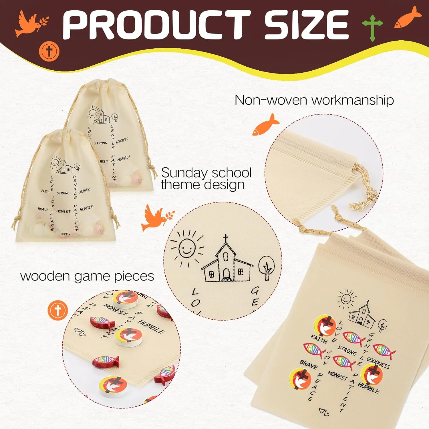Sumind 24 Set Christian Tic Tac Toe Game Gift for Kids Religious Party Favors with Jesus Bible Mini Wooden Jesus Fish Game Drawstring Bags Sunday School Gifts for Kids Prize Church Supplies