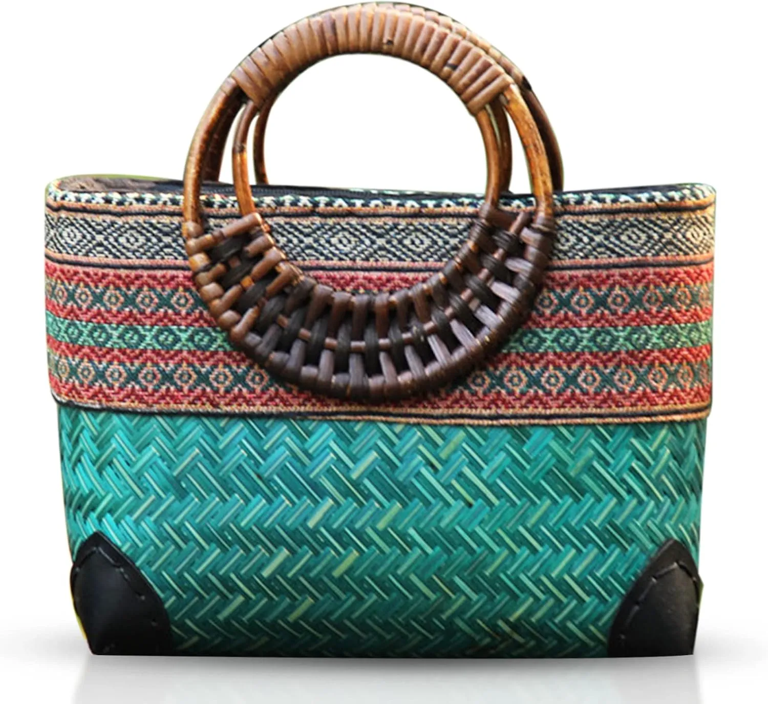 Summer Beach Bag, Boho Handmade Rattan Handbag, Round Bamboo Handle, Large Straw Retro patternTote Bag for Beach Vacation Daily(Green)
