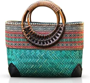 Summer Beach Bag, Boho Handmade Rattan Handbag, Round Bamboo Handle, Large Straw Retro patternTote Bag for Beach Vacation Daily(Green)
