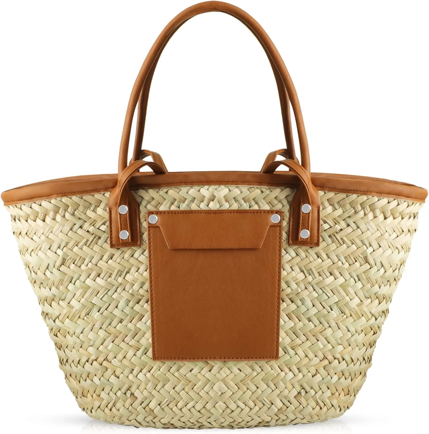 Summer Beach Handwoven Straw Basket Bag With Leather Panels - Rattan Crossbody Shoulder Bag for Women