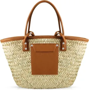 Summer Beach Handwoven Straw Basket Bag With Leather Panels - Rattan Crossbody Shoulder Bag for Women