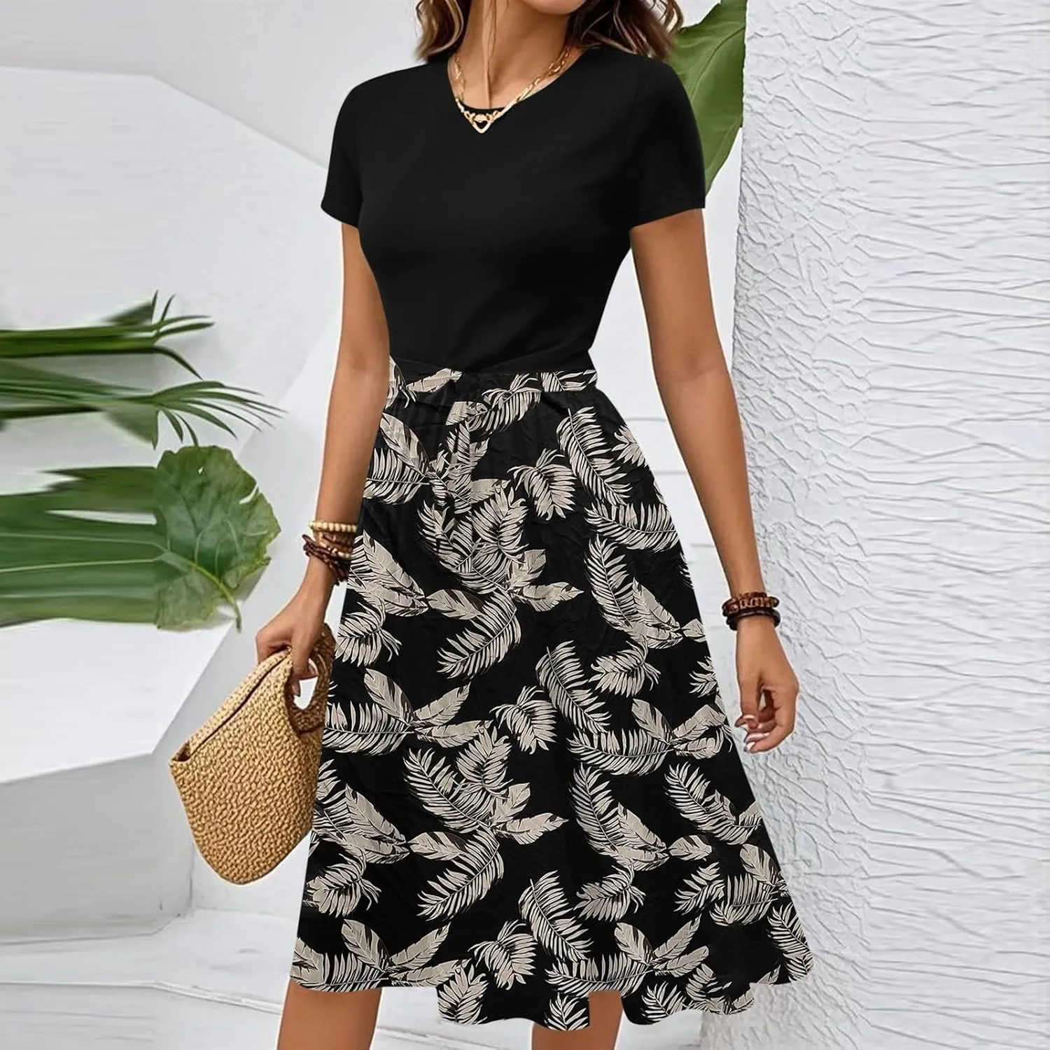 Summer Boho Dresses for Women 2025 Floral Print Short Sleeve U Neck Ruffle Dress with Belt Trendy Party Casual Midi Dress