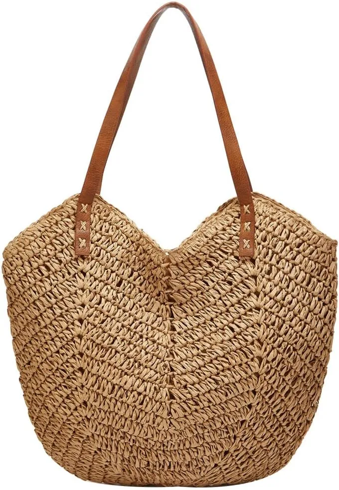 Summer Casual Straw Tote Bag Large Capacity Woven Shoulder Handbag for Summer Beach Vocation